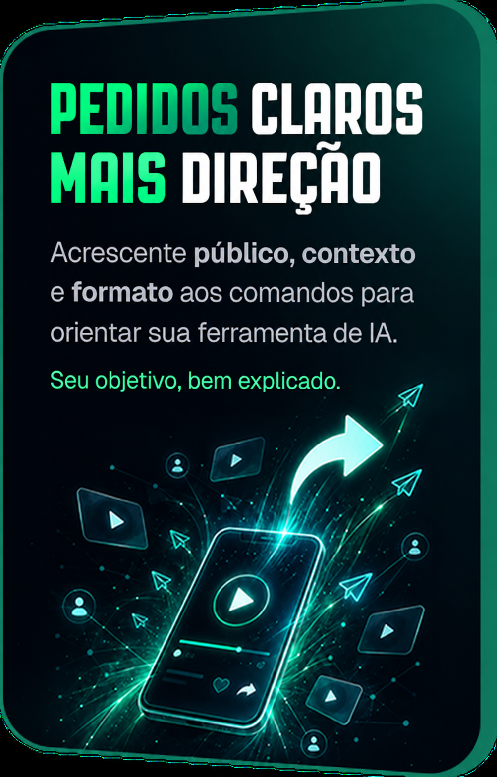 Pedidos claros, mais direção. Acrescente público, contexto e formato aos comandos para orientar sua ferramenta de IA.
